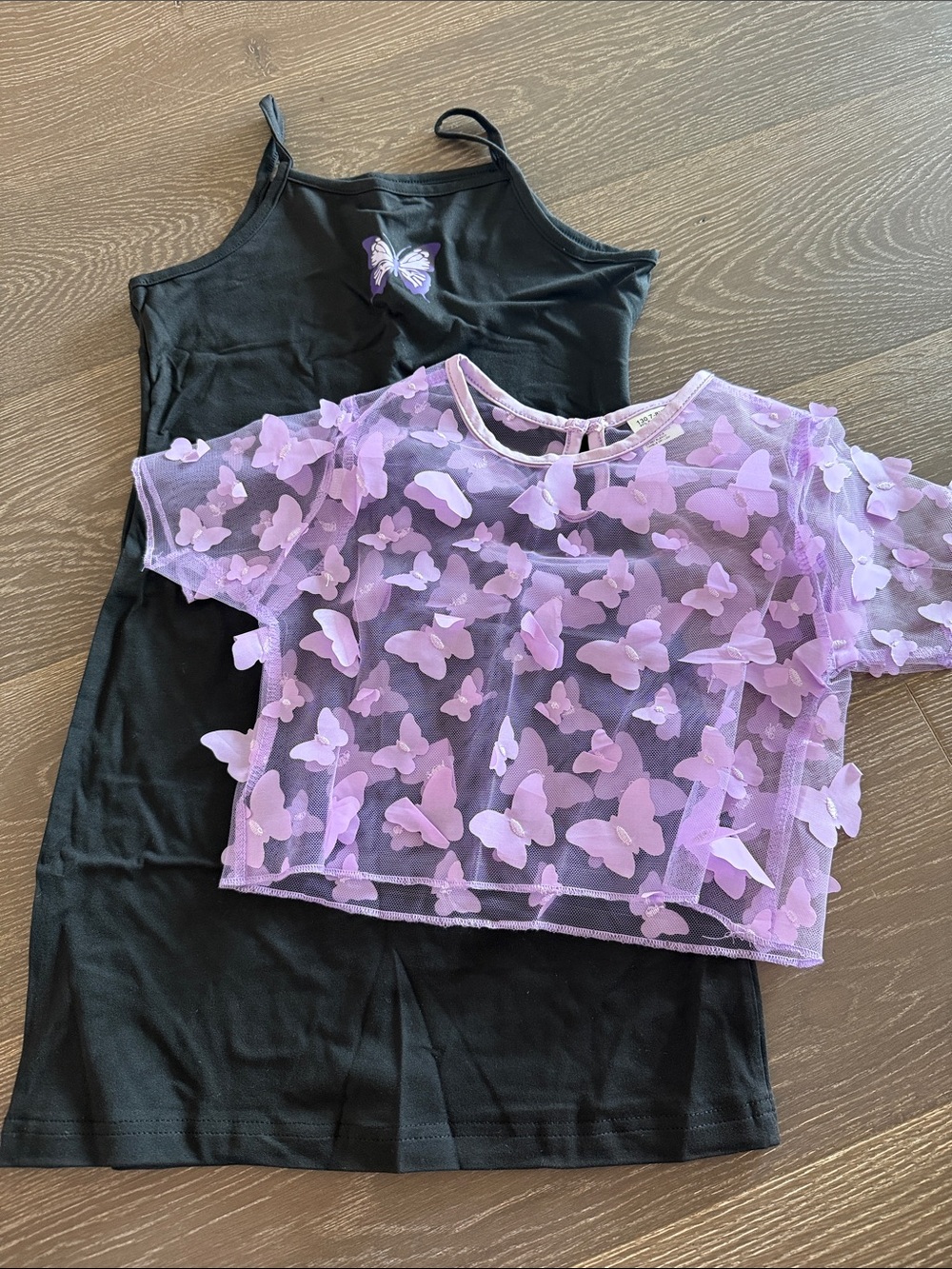 NWOT Girls Black Slip Dress with Lavender Butterfly Mesh Top. Size 7-8